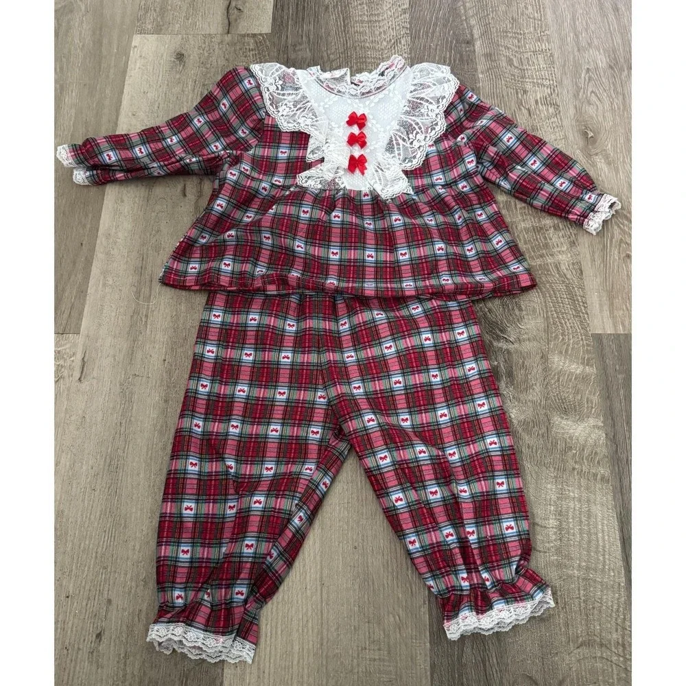 Vintage 90's Cassie Girls 2T Red Plaid‎ Pajama Set Lacy Accents